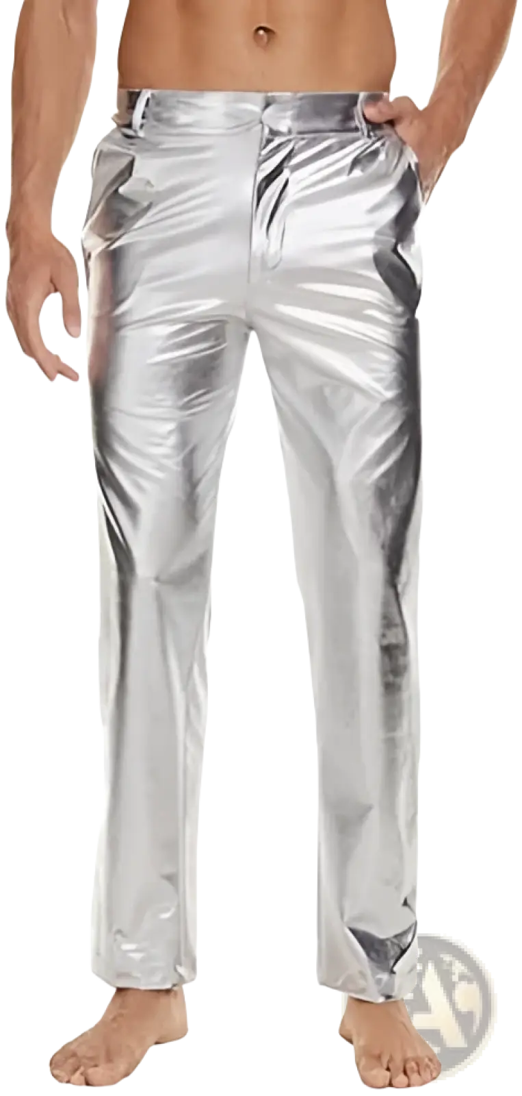 Metallic silver high waist straight leg disco pants with shiny silver metallic fabric and sleek reflective finish