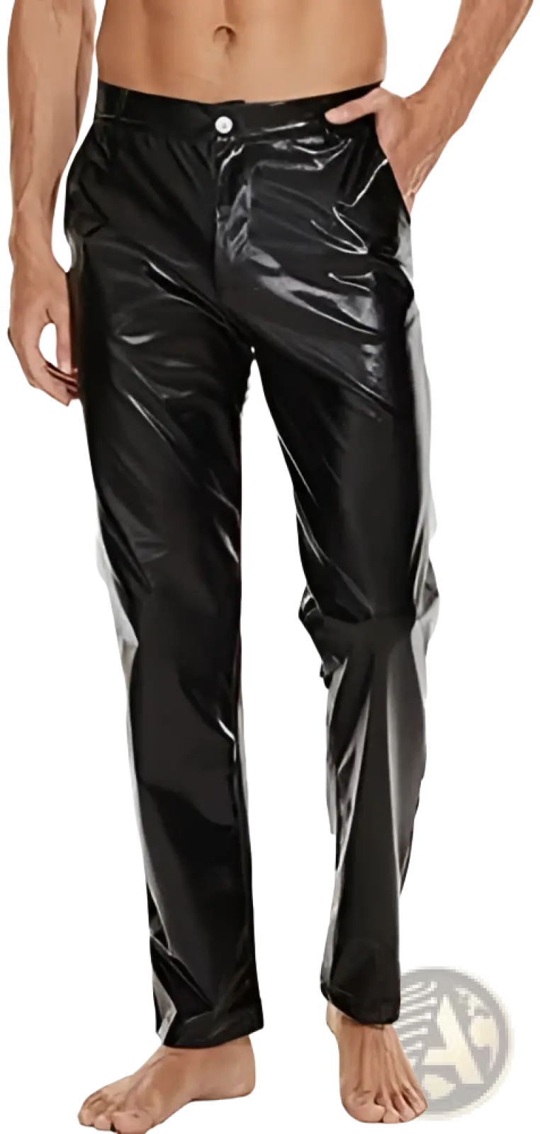 Black patent leather high waist straight leg pants with glossy finish and classic five-pocket design for disco wear