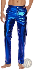 Shiny blue metallic slim fit pants with reflective surface suitable for stylish disco wear