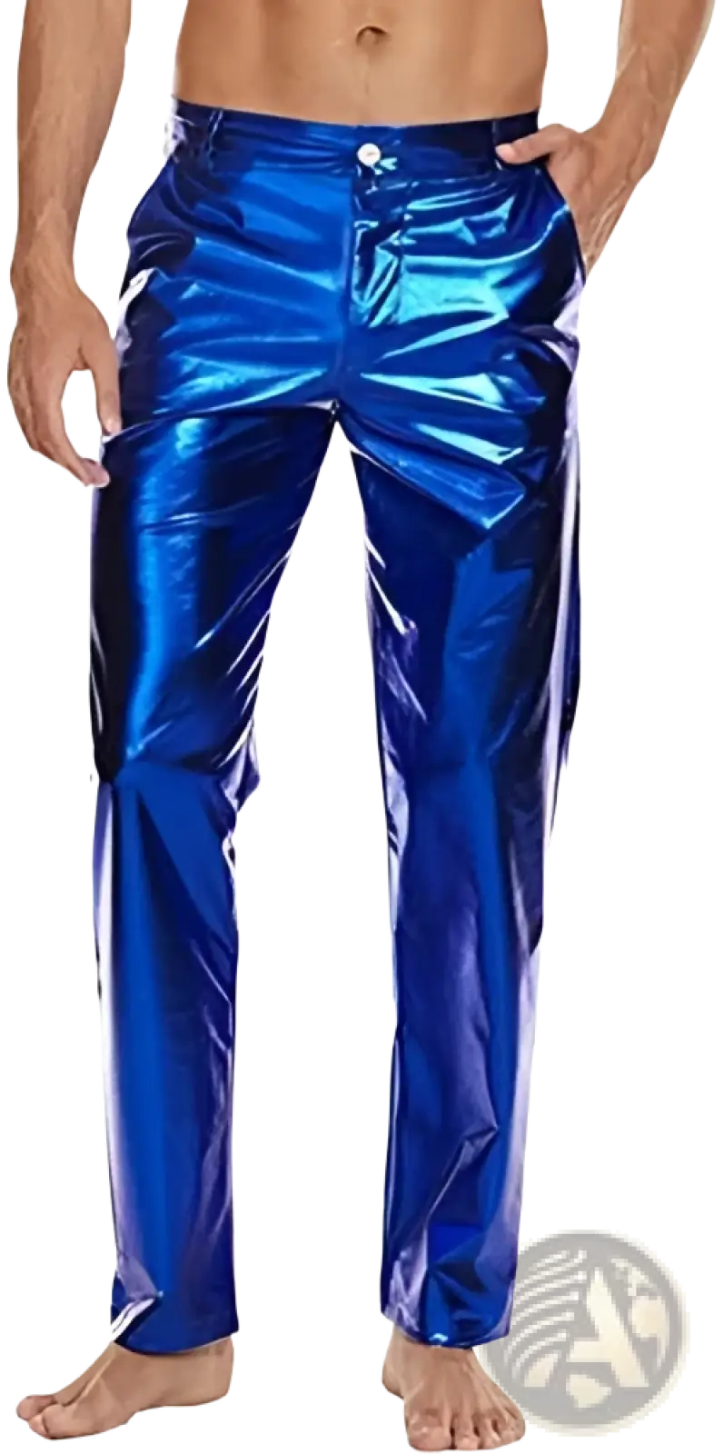 Shiny blue metallic slim fit pants with reflective surface suitable for stylish disco wear