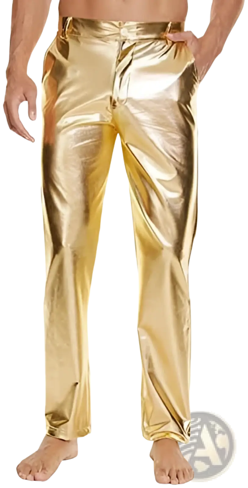 Shiny gold metallic high waist straight leg disco pants with a sleek form-fitting design