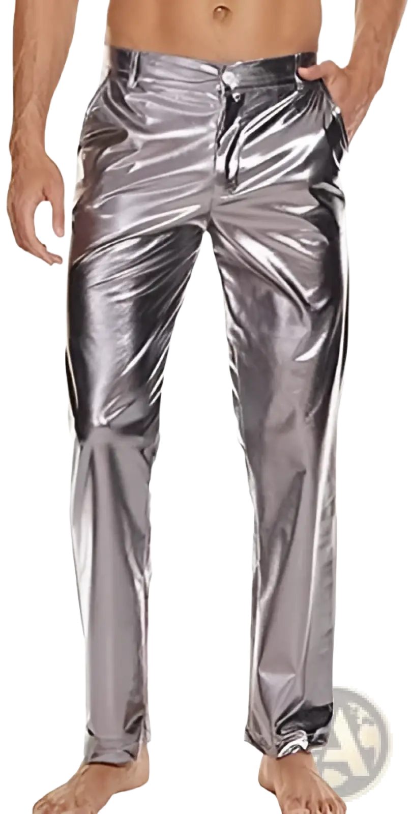 Metallic silver high waist straight leg disco pants with shiny metallic silver fabric and sleek reflective finish