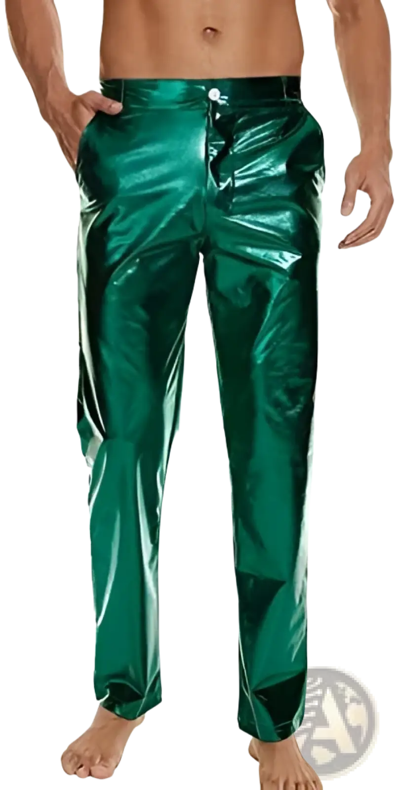 Shiny emerald green metallic high waist straight leg disco pants with sleek reflective finish