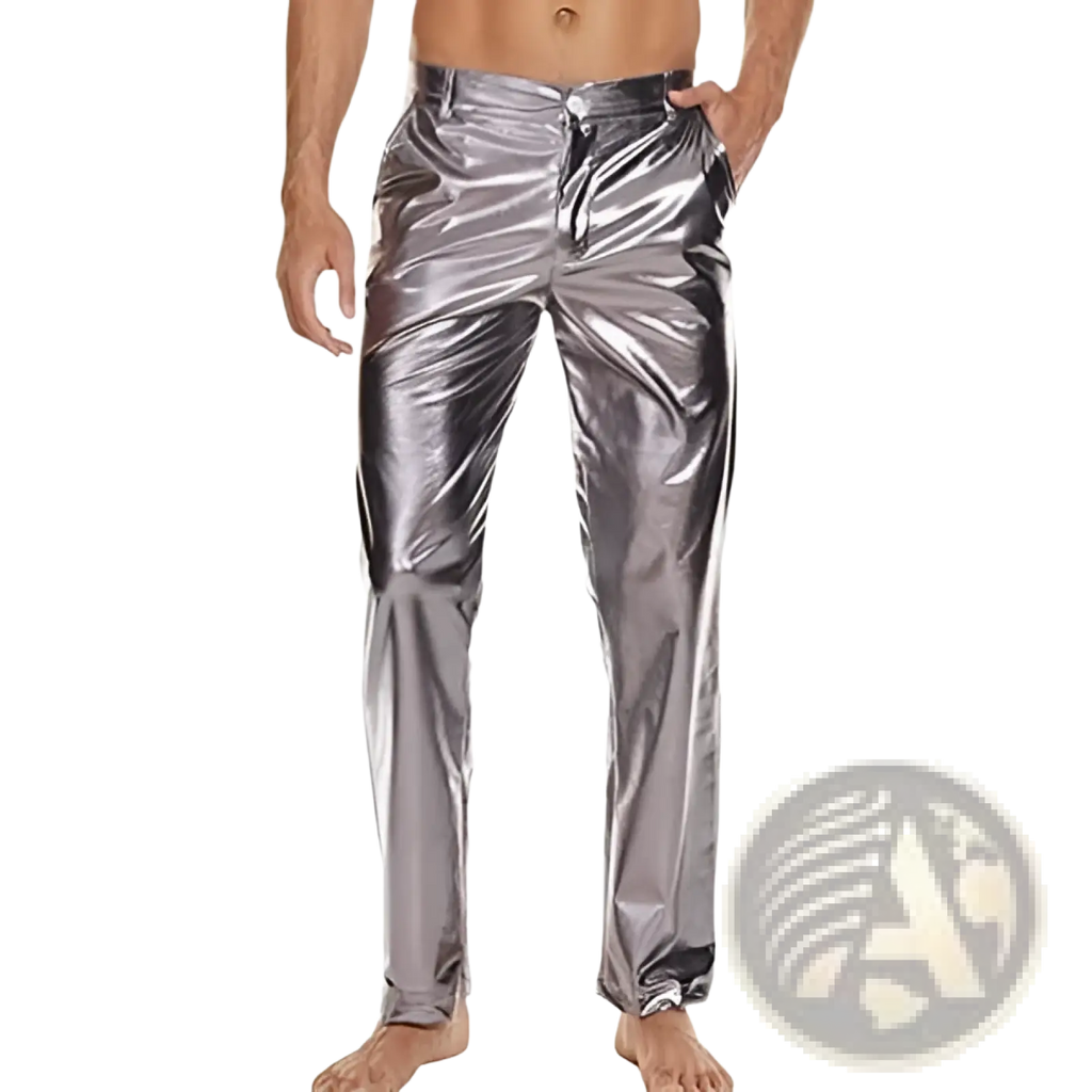 Metallic silver high waist straight leg disco pants with shiny metallic silver tapered fit and reflective finish