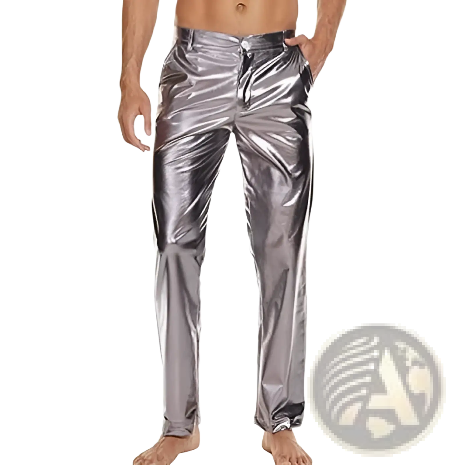 Metallic silver high waist straight leg disco pants with shiny metallic silver tapered fit and reflective finish
