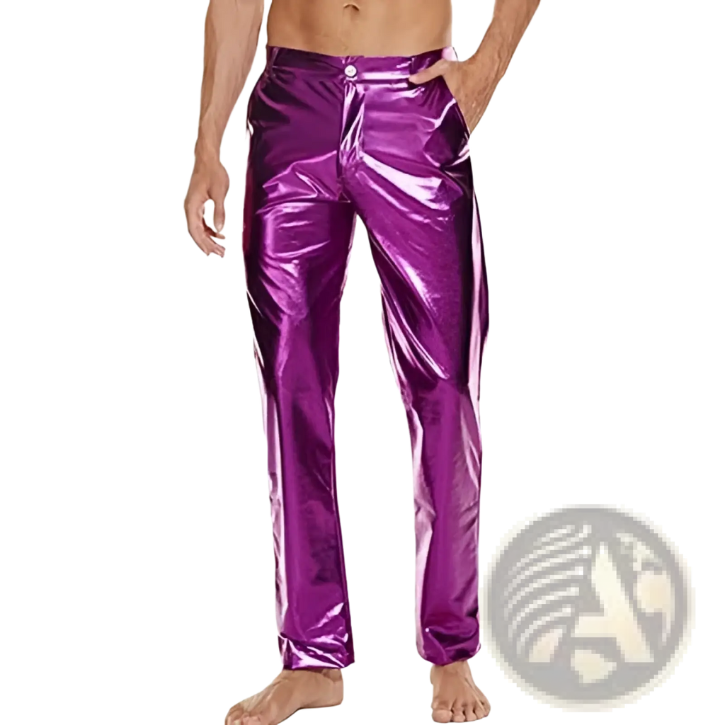 Shiny purple metallic high waist straight leg disco pants with a sleek form fitting design