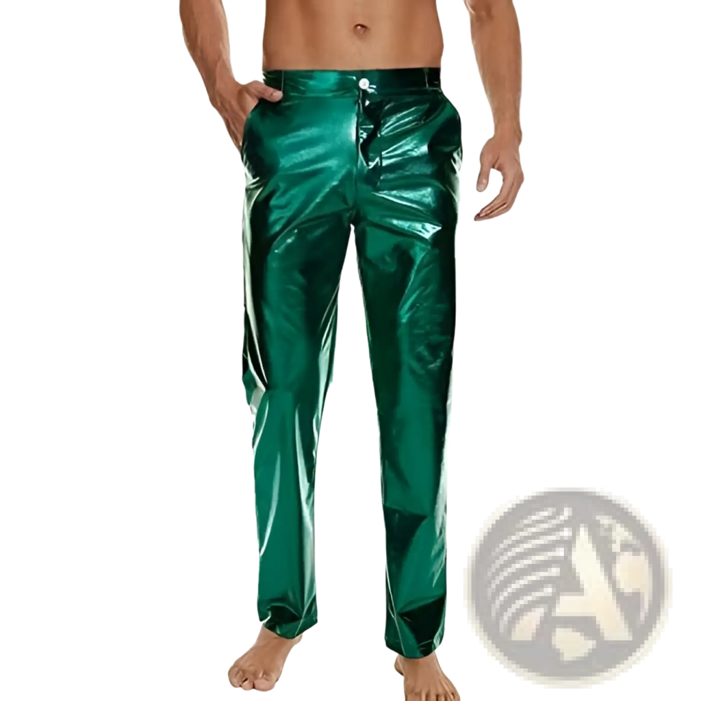 Shiny emerald green metallic high waist straight leg disco pants showcasing vibrant color and sleek material