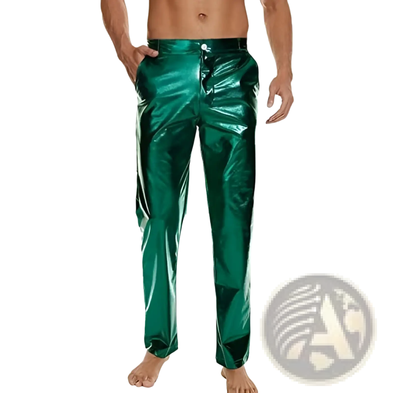 Shiny emerald green metallic high waist straight leg disco pants showcasing vibrant color and sleek material