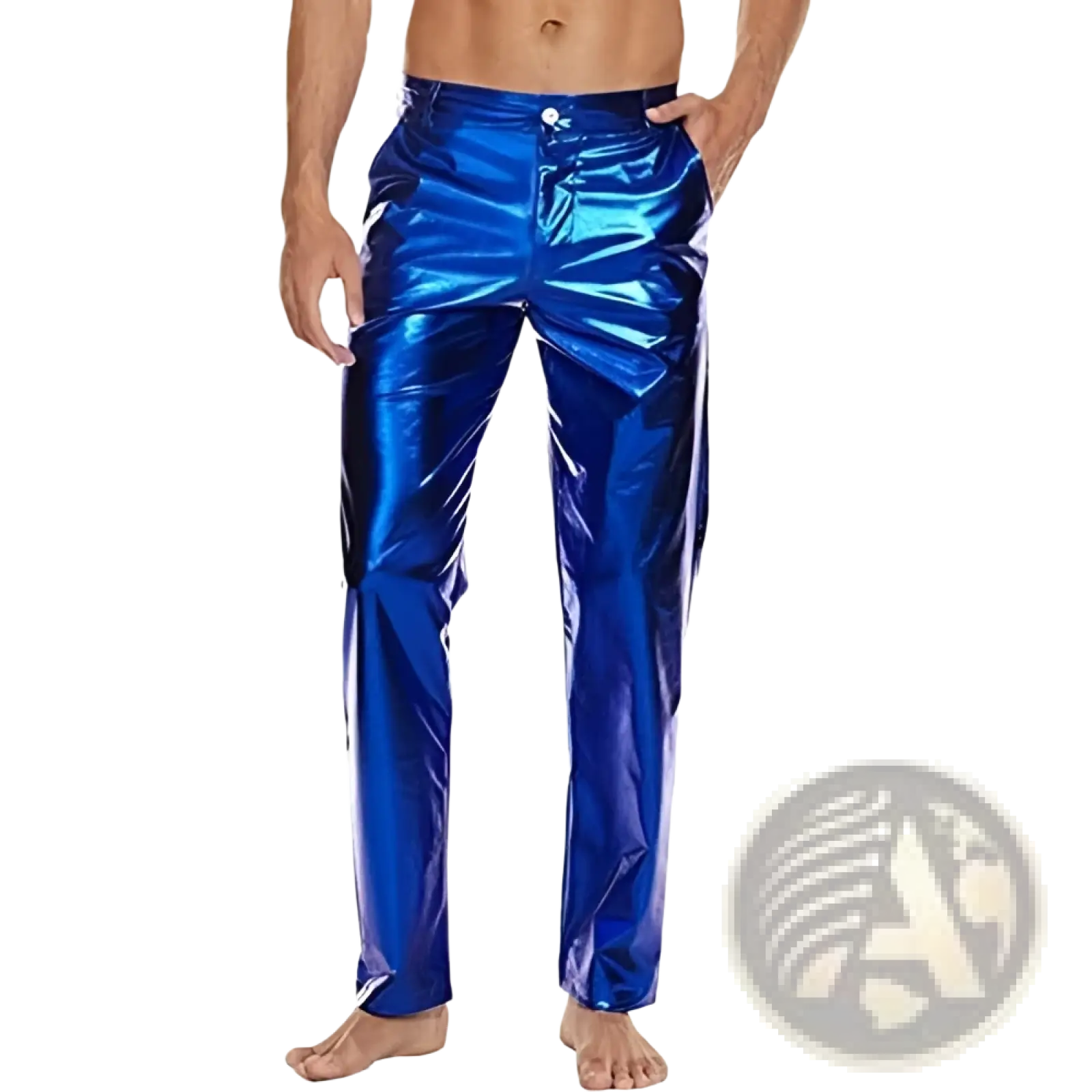 Metallic silver high waist straight leg disco pants with shiny blue metallic fabric and sleek form fitting design