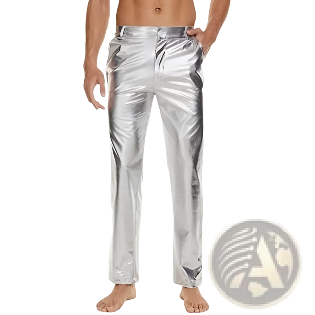 Metallic silver high waist straight leg disco pants in shiny silver metallic with a sleek reflective finish and tapered fit