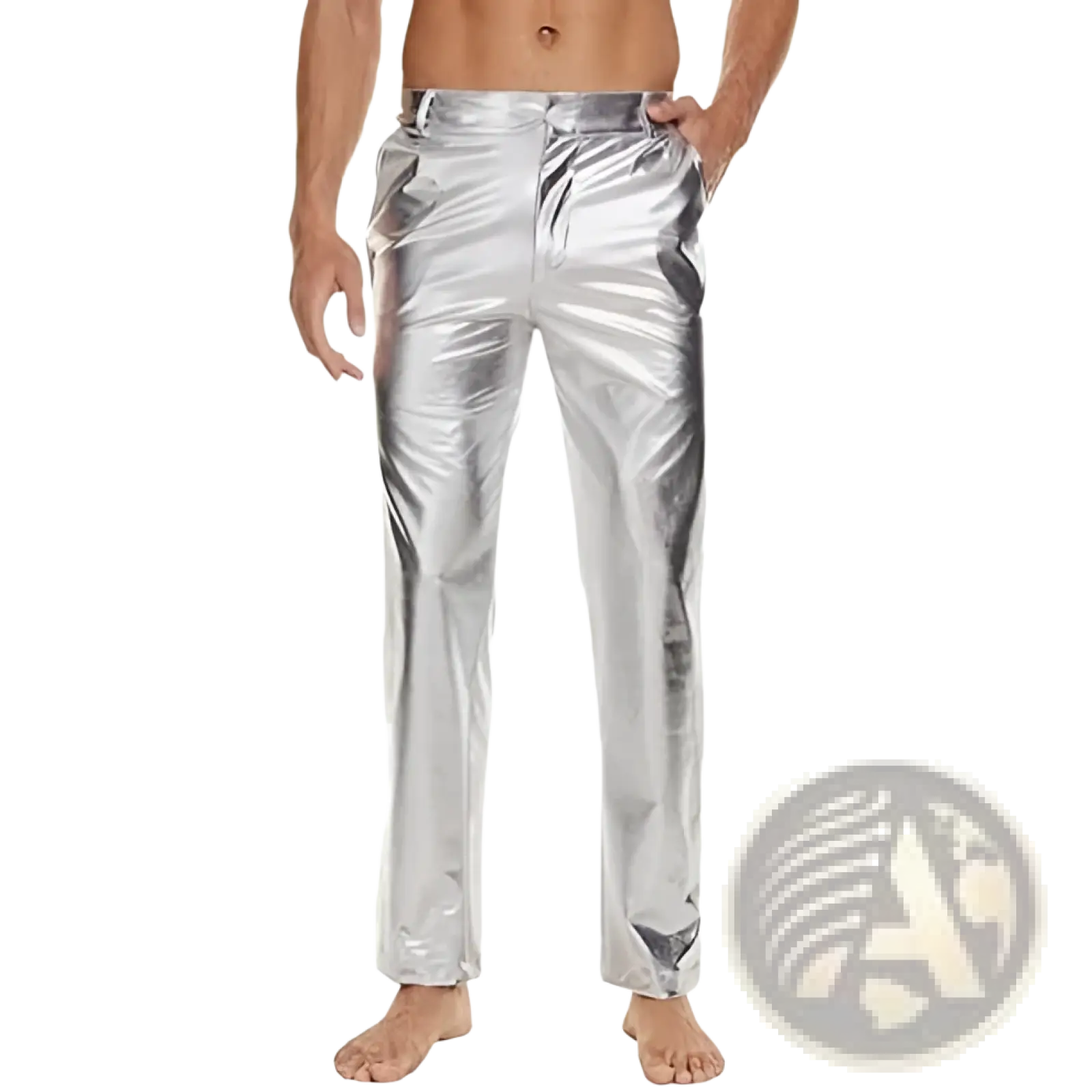 Metallic silver high waist straight leg disco pants in shiny silver metallic with a sleek reflective finish and tapered fit