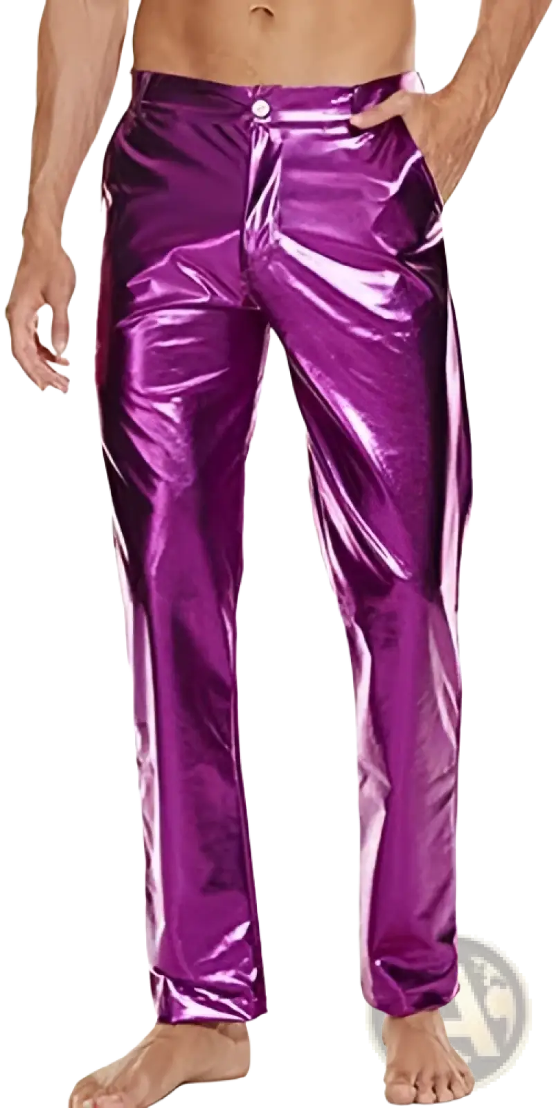 Shiny purple metallic high waist straight leg disco pants with a sleek form-fitting design