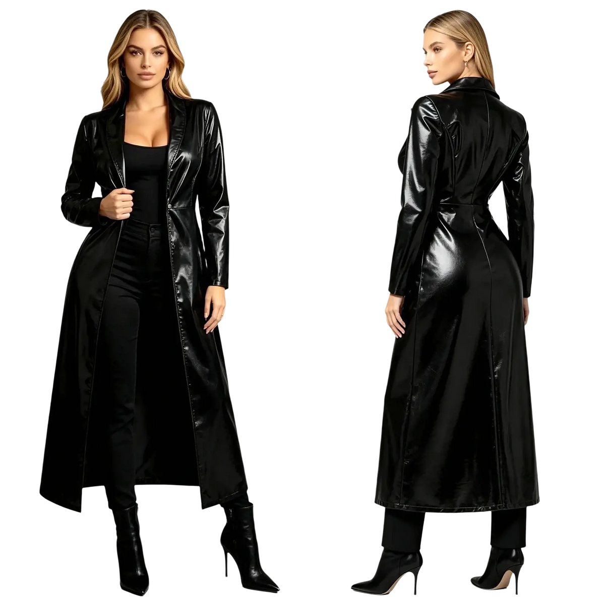 Black patent leather metallic trench coat women gothic long jacket with sleek glossy finish and structured shoulders