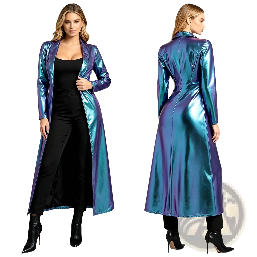 A metallic trench coat for women with an iridescent sheen shifting between deep blues and purples, long sleeves and sleek design