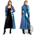 A metallic trench coat for women with an iridescent sheen shifting between deep blues and purples, long sleeves and sleek design