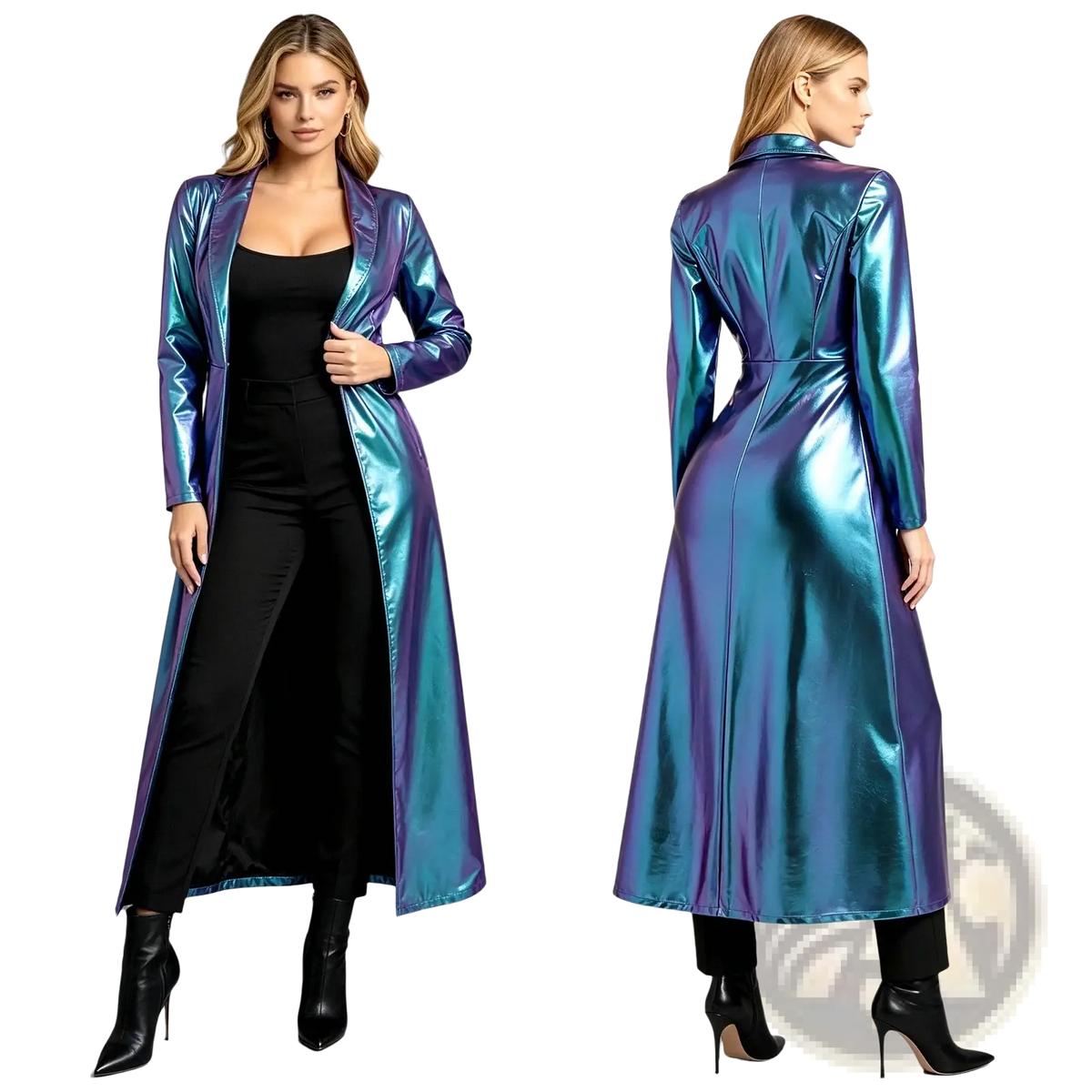 A metallic trench coat for women with an iridescent sheen shifting between deep blues and purples, long sleeves and sleek design
