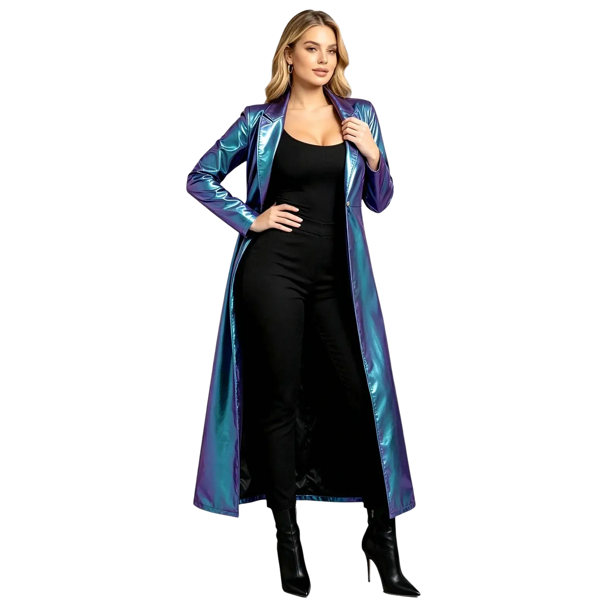 A metallic trench coat for women with a shimmering iridescent sheen shifting between deep purple and teal hues
