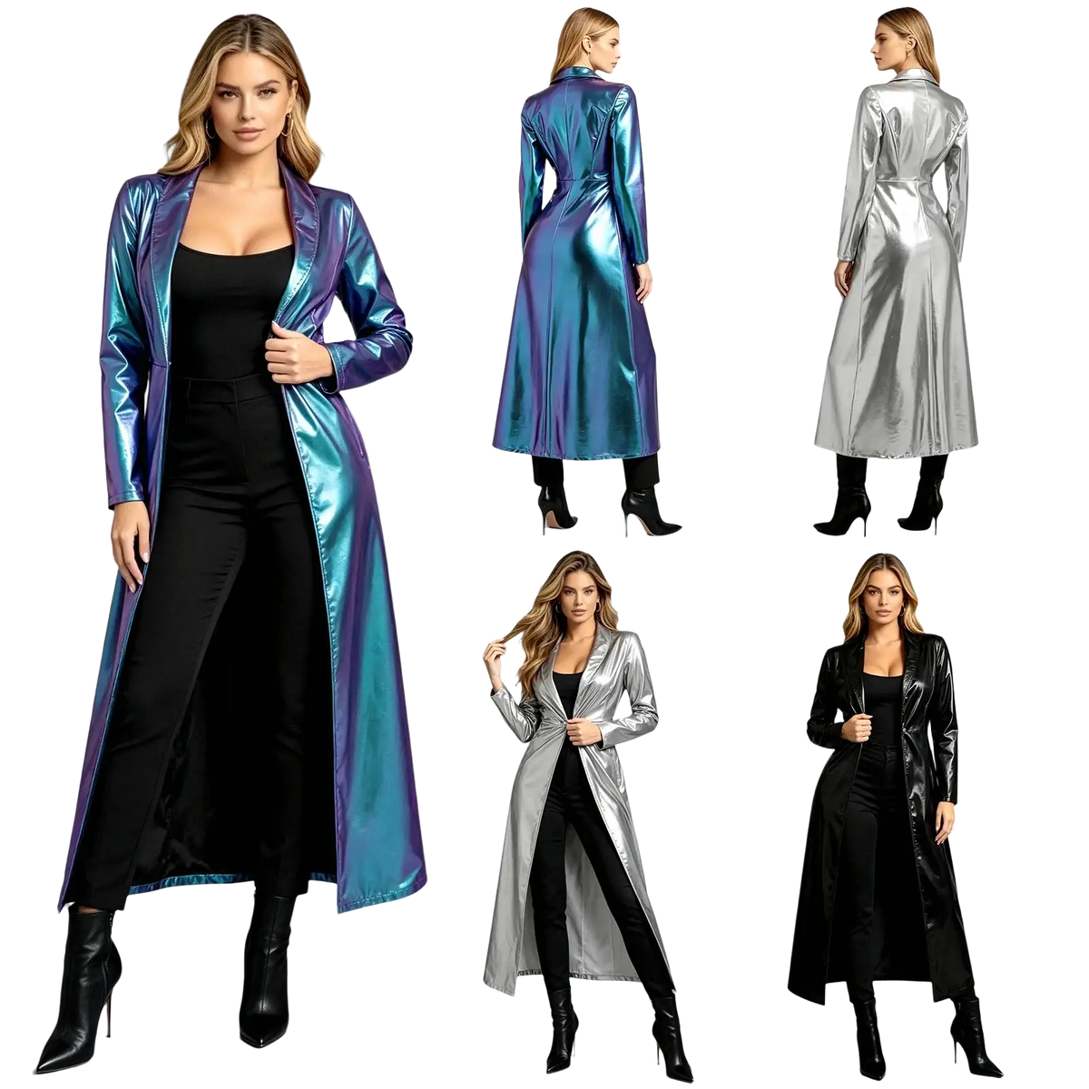 A shimmering iridescent metallic trench coat for women with a glossy finish and classic long jacket design