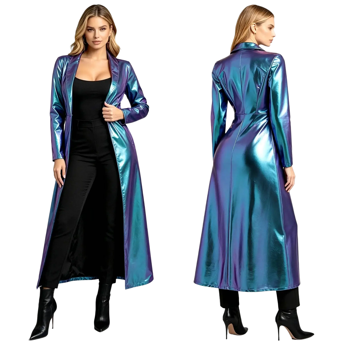 A metallic trench coat for women with an iridescent sheen shifting between deep blues and purples, long sleeves and sleek design