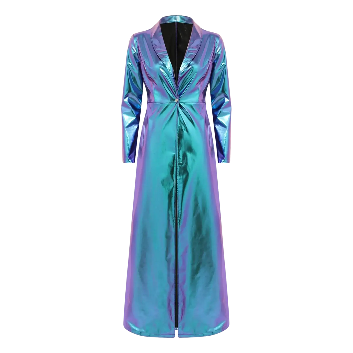 Metallic trench coat women gothic long jacket with a shimmering iridescent finish shifting between vibrant blues and purples