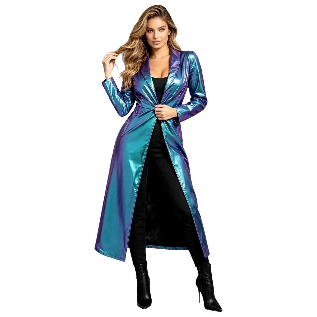 A metallic trench coat for women with iridescent blue and purple gradient and a sleek metallic finish
