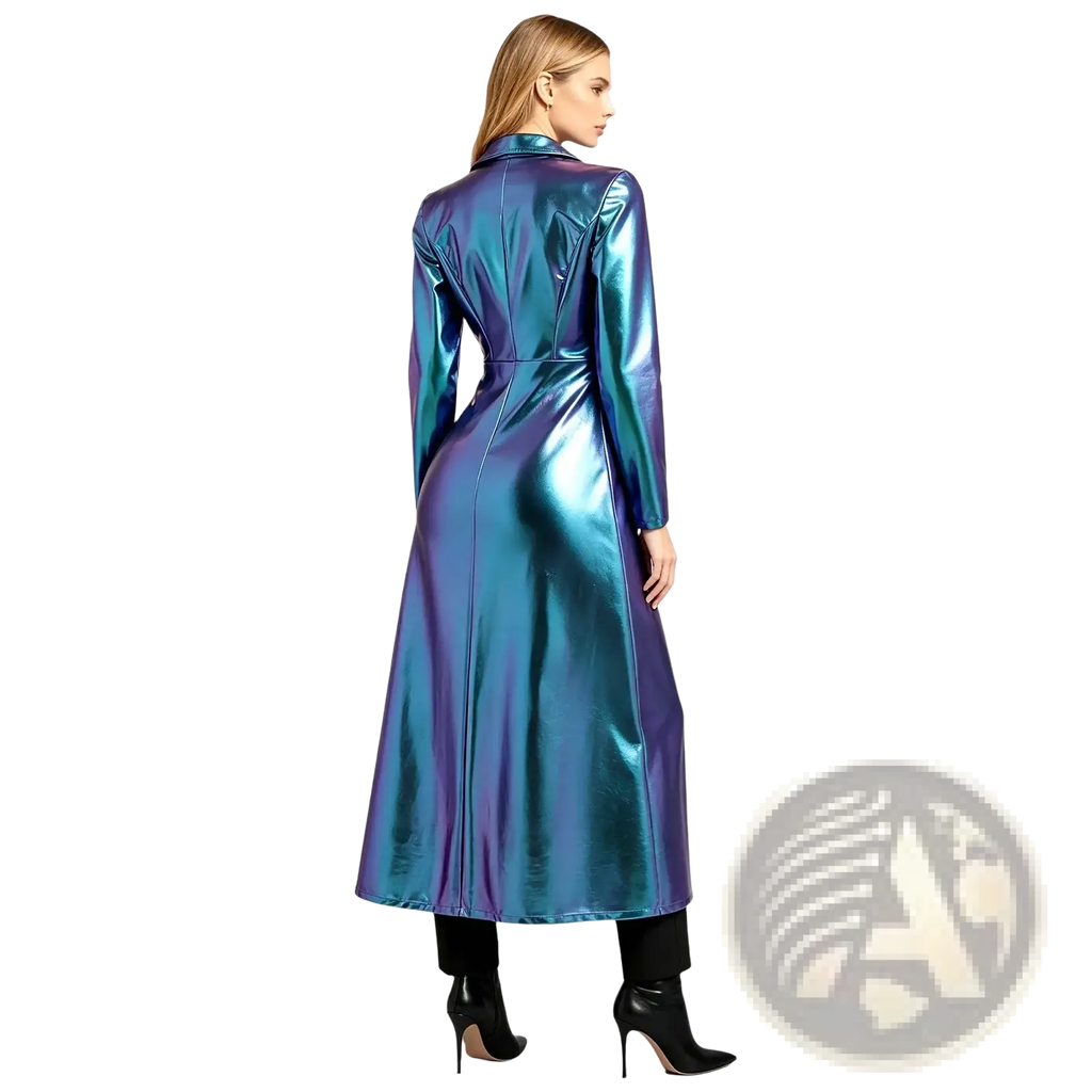Metallic trench coat women gothic long jacket in iridescent blue and purple with a sleek glossy finish