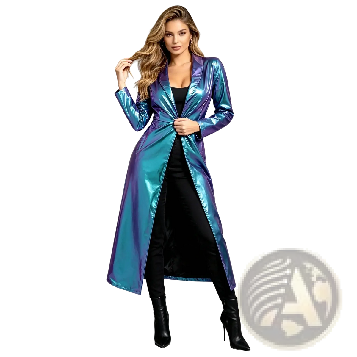 A metallic trench coat for women with iridescent blue and purple gradient and a sleek metallic finish