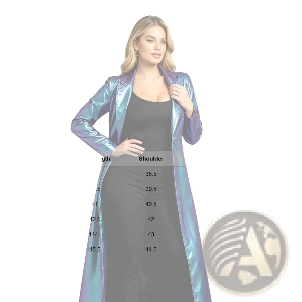 Metallic trench coat women gothic long jacket in iridescent purple and blue with a glossy metallic finish