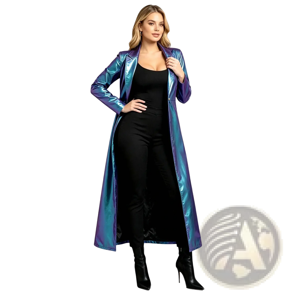 A metallic trench coat for women with a shimmering iridescent sheen shifting between deep purple and teal hues