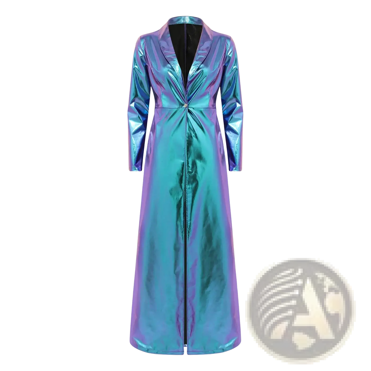 Metallic trench coat women gothic long jacket with a shimmering iridescent finish shifting between vibrant blues and purples