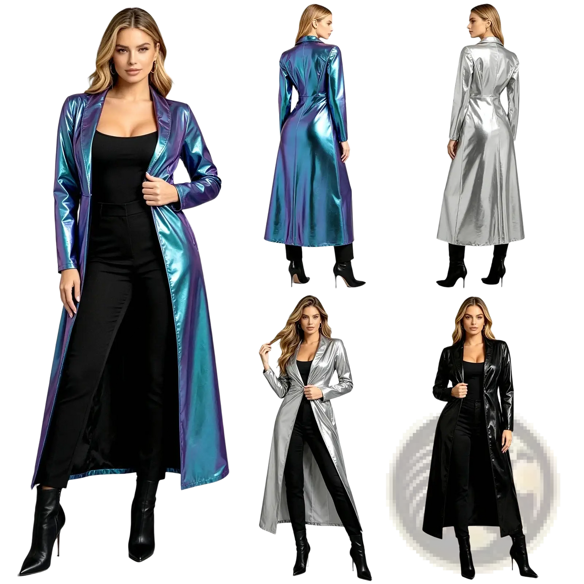 A shimmering iridescent metallic trench coat for women with a glossy finish and classic long jacket design