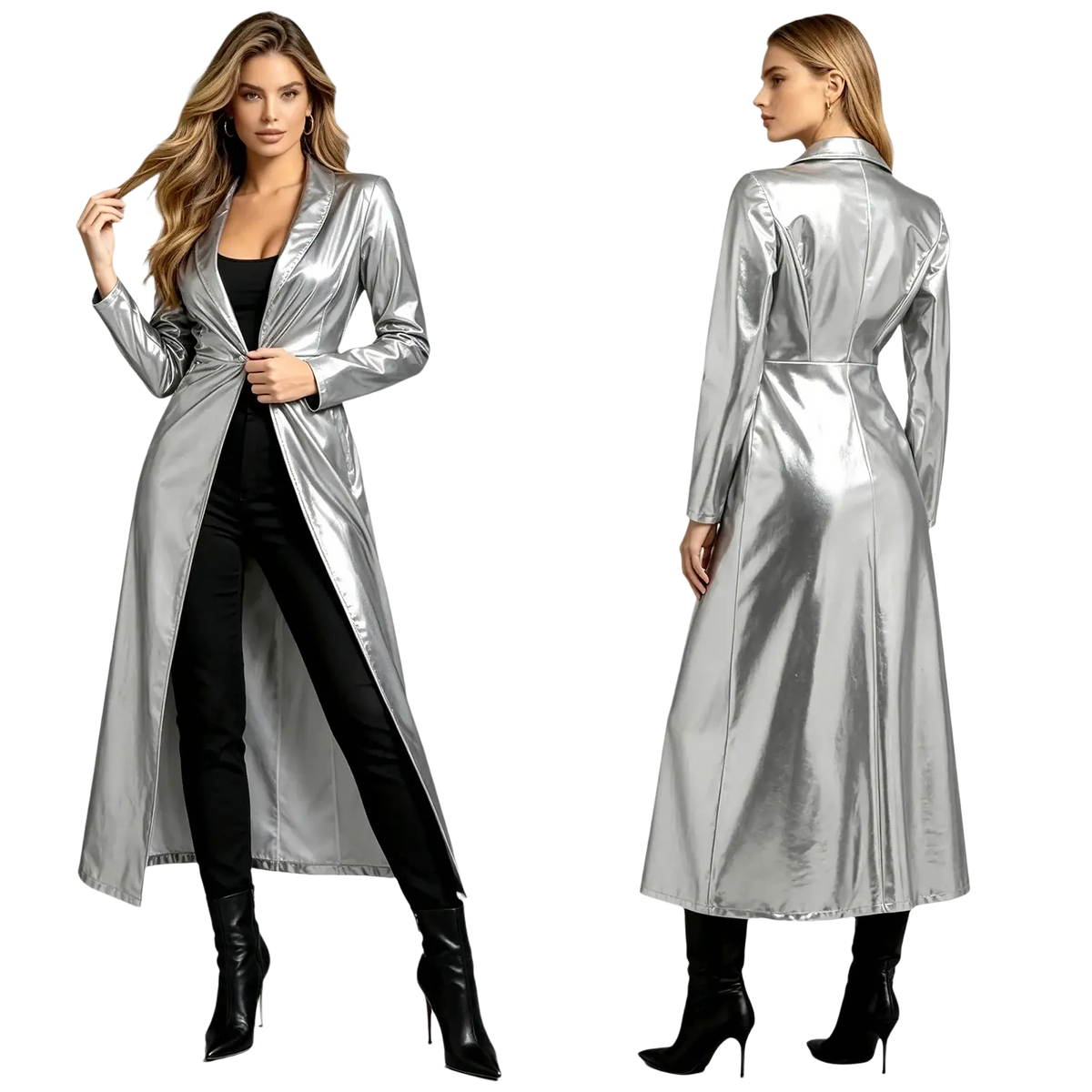 Silver metallic trench coat for women with a sleek shiny finish and structured gothic long jacket design