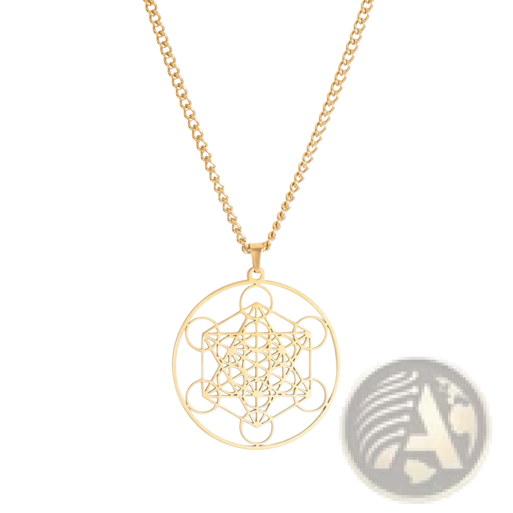 Gold-colored stainless steel pendant necklace featuring intricate geometric Metatron Cube design in a circular frame