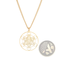 Gold-colored stainless steel pendant necklace featuring intricate geometric Metatron Cube design in a circular frame