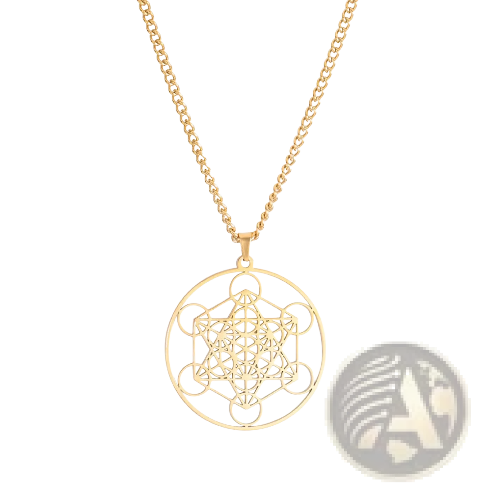 Gold-colored stainless steel pendant necklace featuring intricate geometric Metatron Cube design in a circular frame