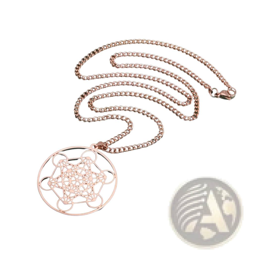 Rose gold stainless steel necklace with a circular Metatron Cube pendant featuring an intricate geometric design