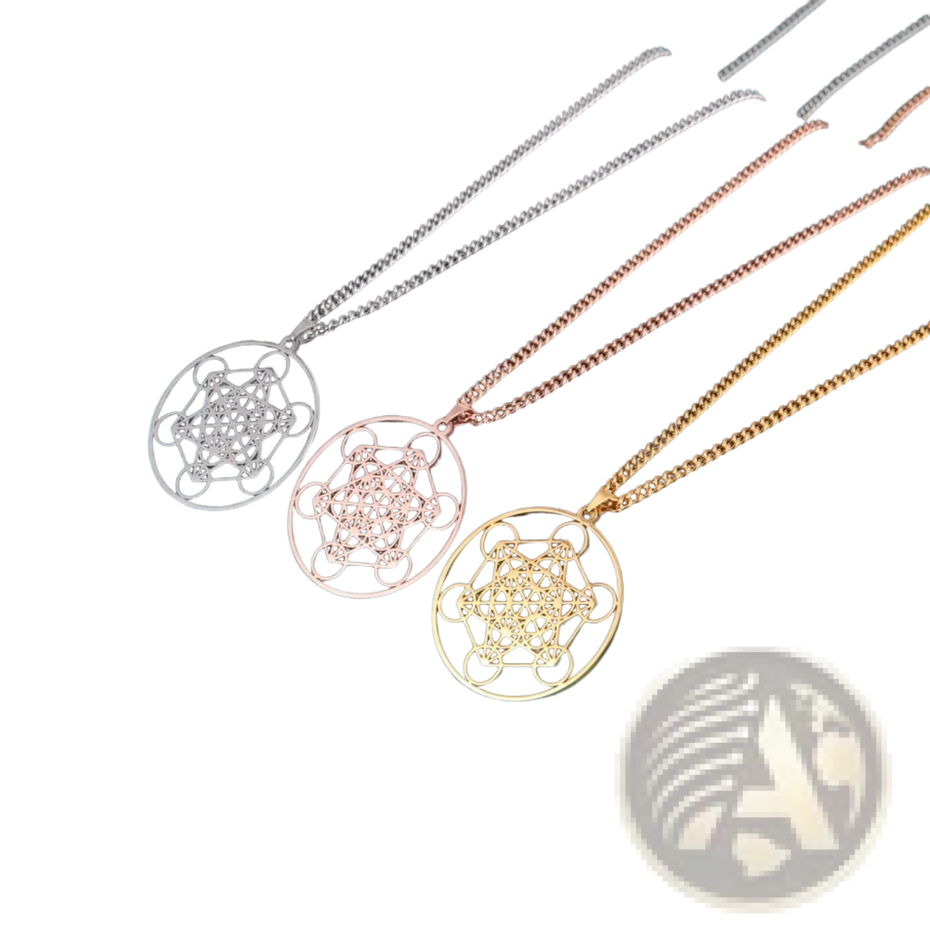 Three metallic geometric metatron cube stainless steel moon goddess pendant necklaces in silver rose gold and yellow gold finishes