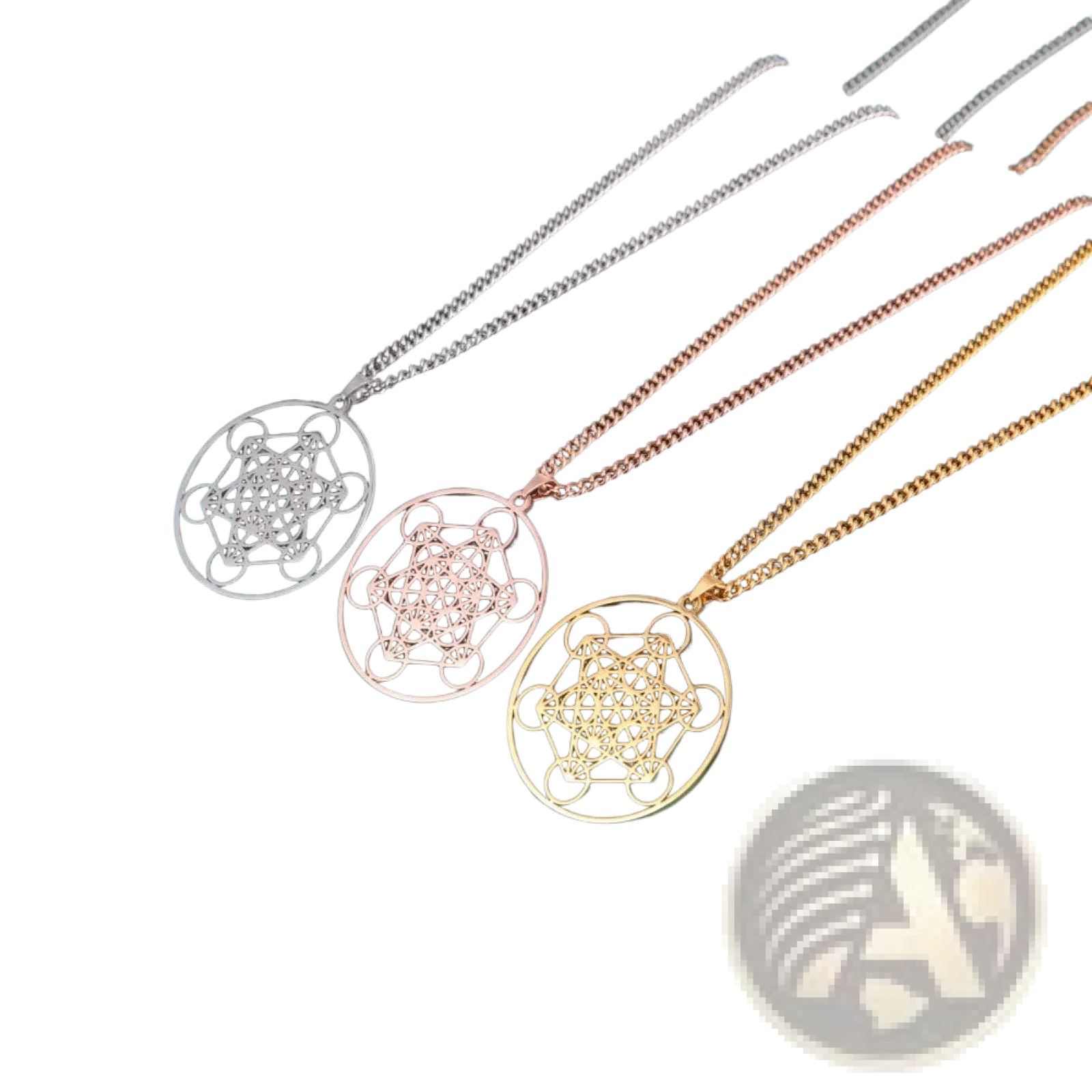 Three metallic geometric metatron cube stainless steel moon goddess pendant necklaces in silver rose gold and yellow gold finishes
