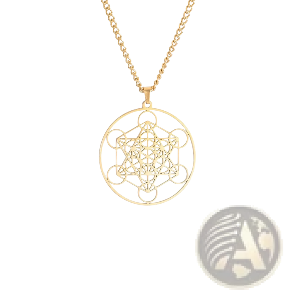 Gold-toned stainless steel metatron cube pendant necklace with detailed geometric design on matching chain