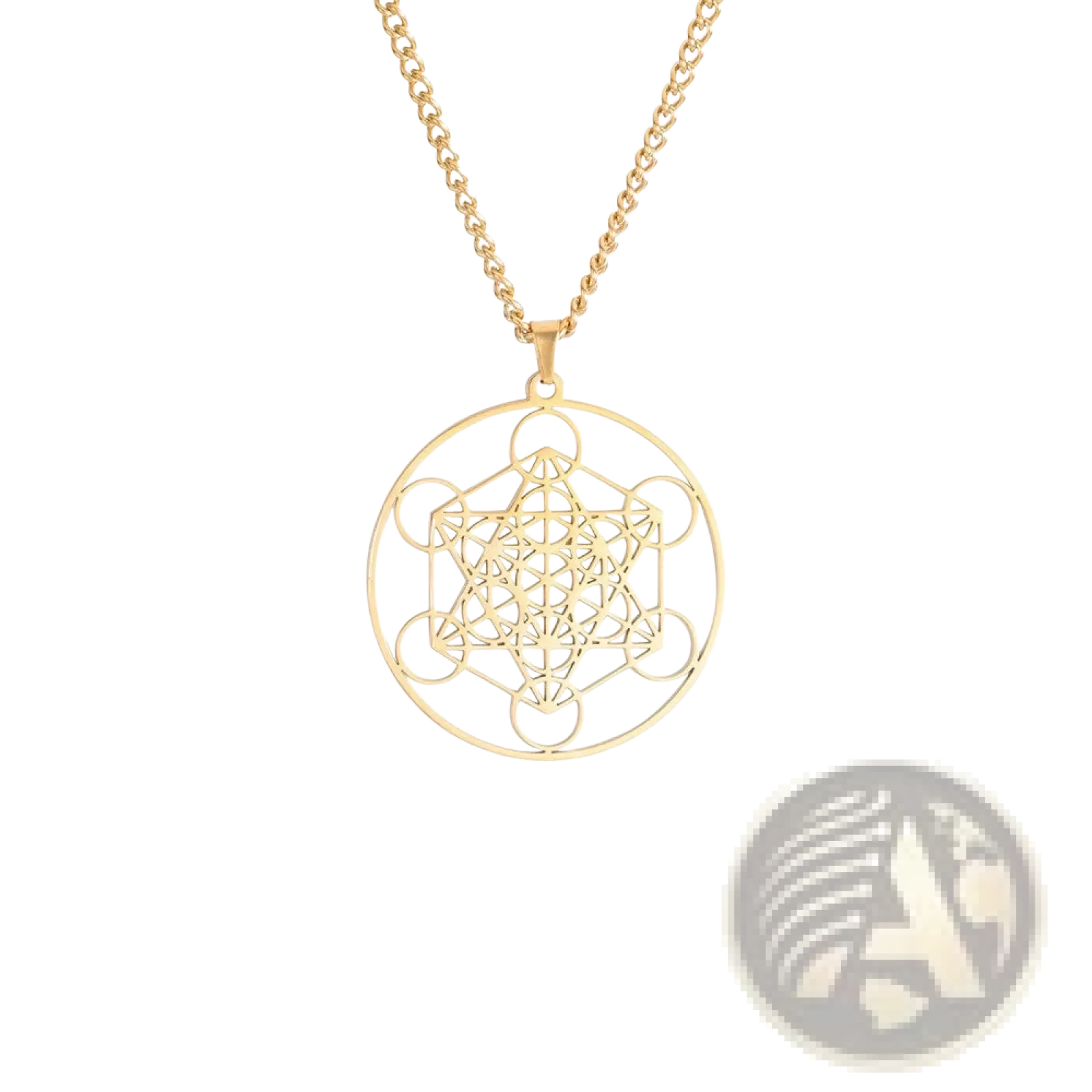 Gold-toned stainless steel metatron cube pendant necklace with detailed geometric design on matching chain