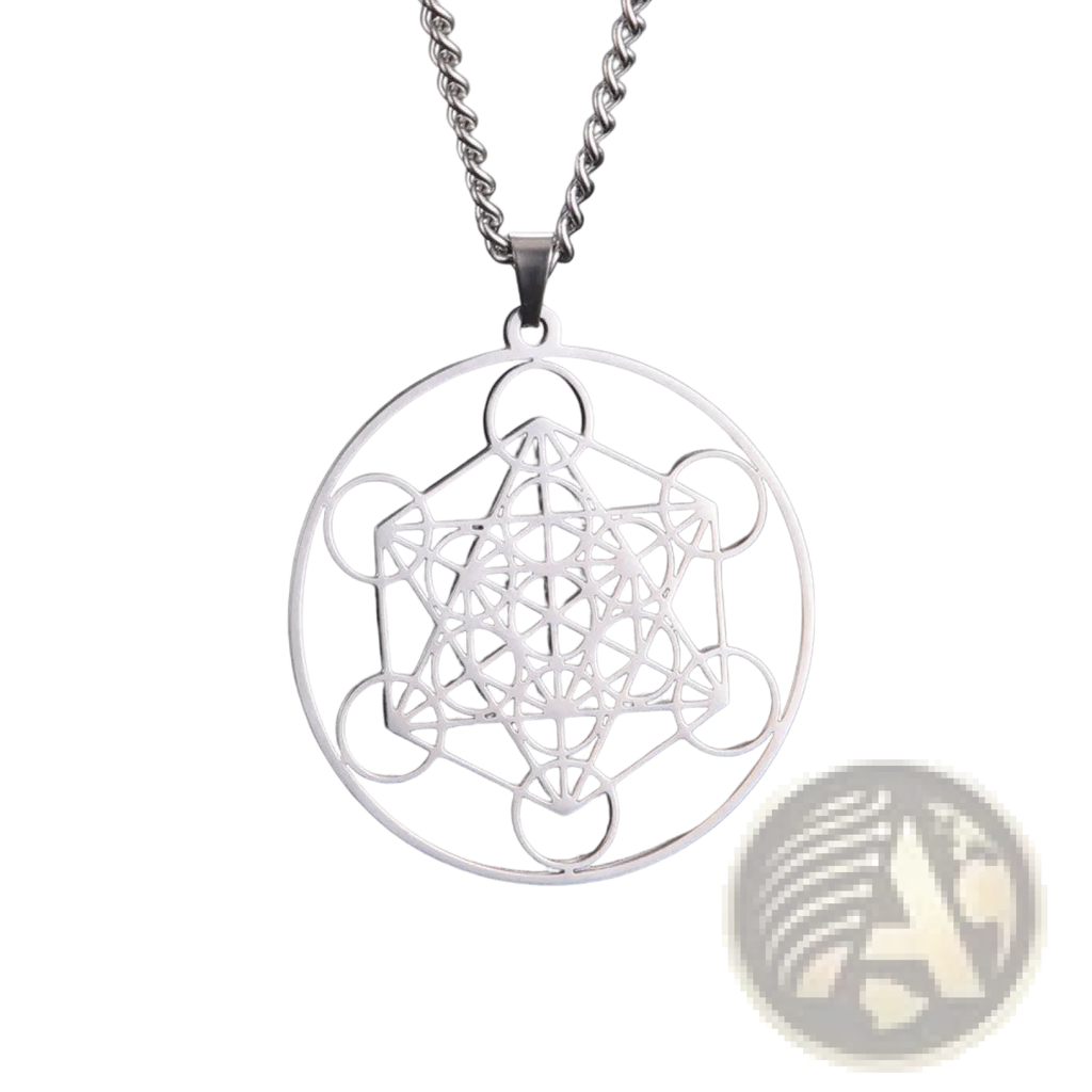 Silver metatron cube stainless steel moon goddess necklace pendant with intricate geometric design on twisted chain