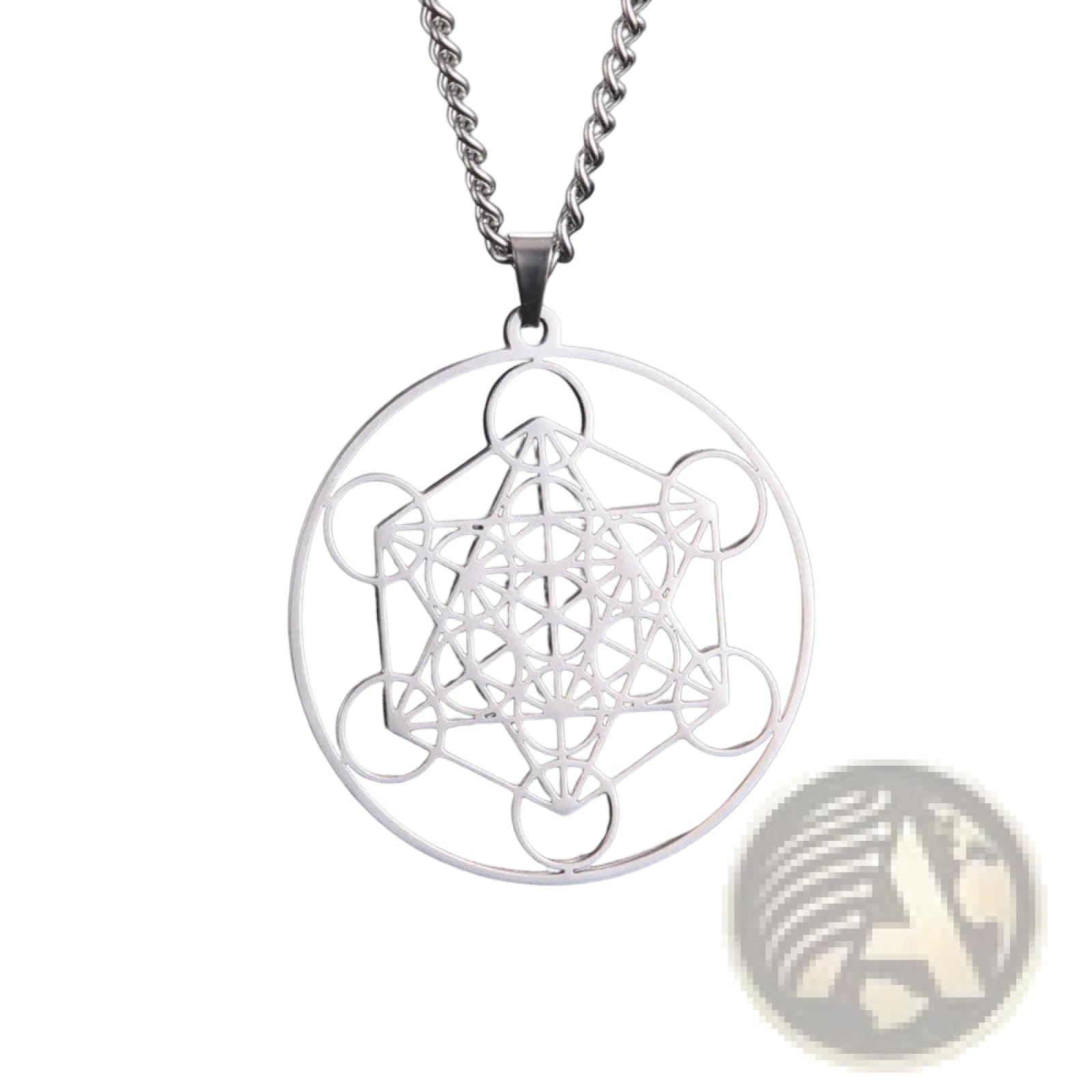 Silver metatron cube stainless steel moon goddess necklace pendant with intricate geometric design on twisted chain