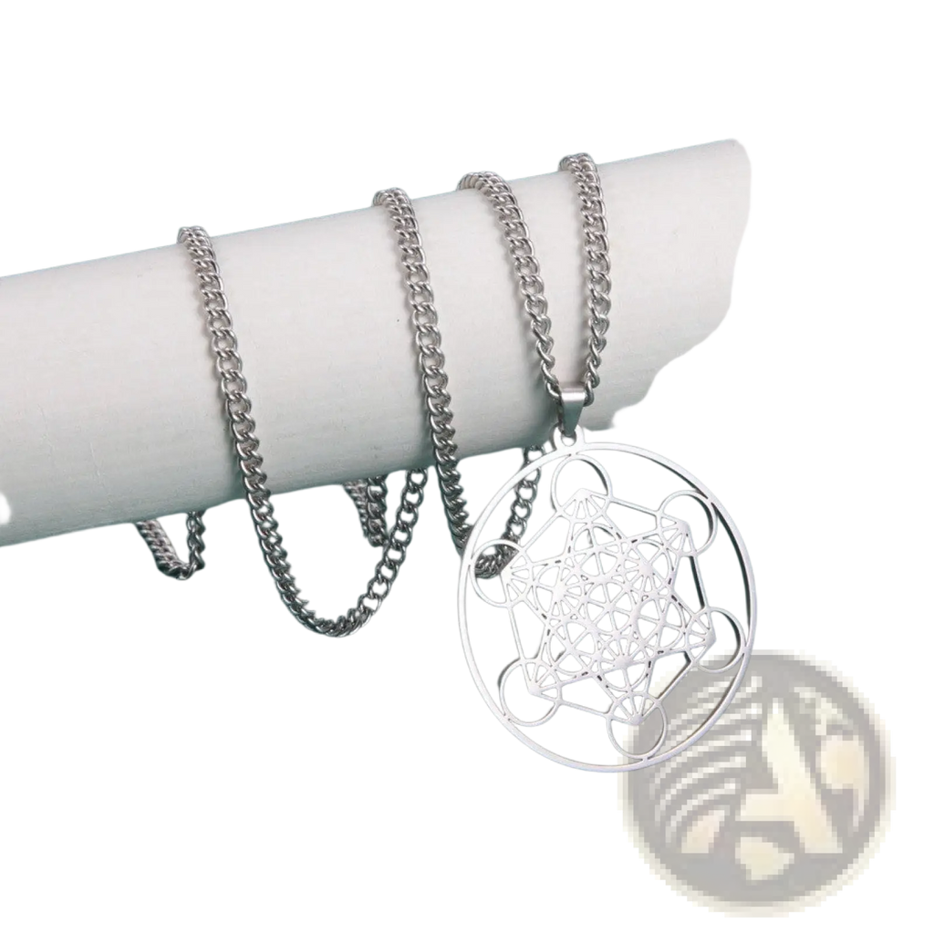 Silver stainless steel metatron cube moon goddess necklace with intricate geometric circular pendant design