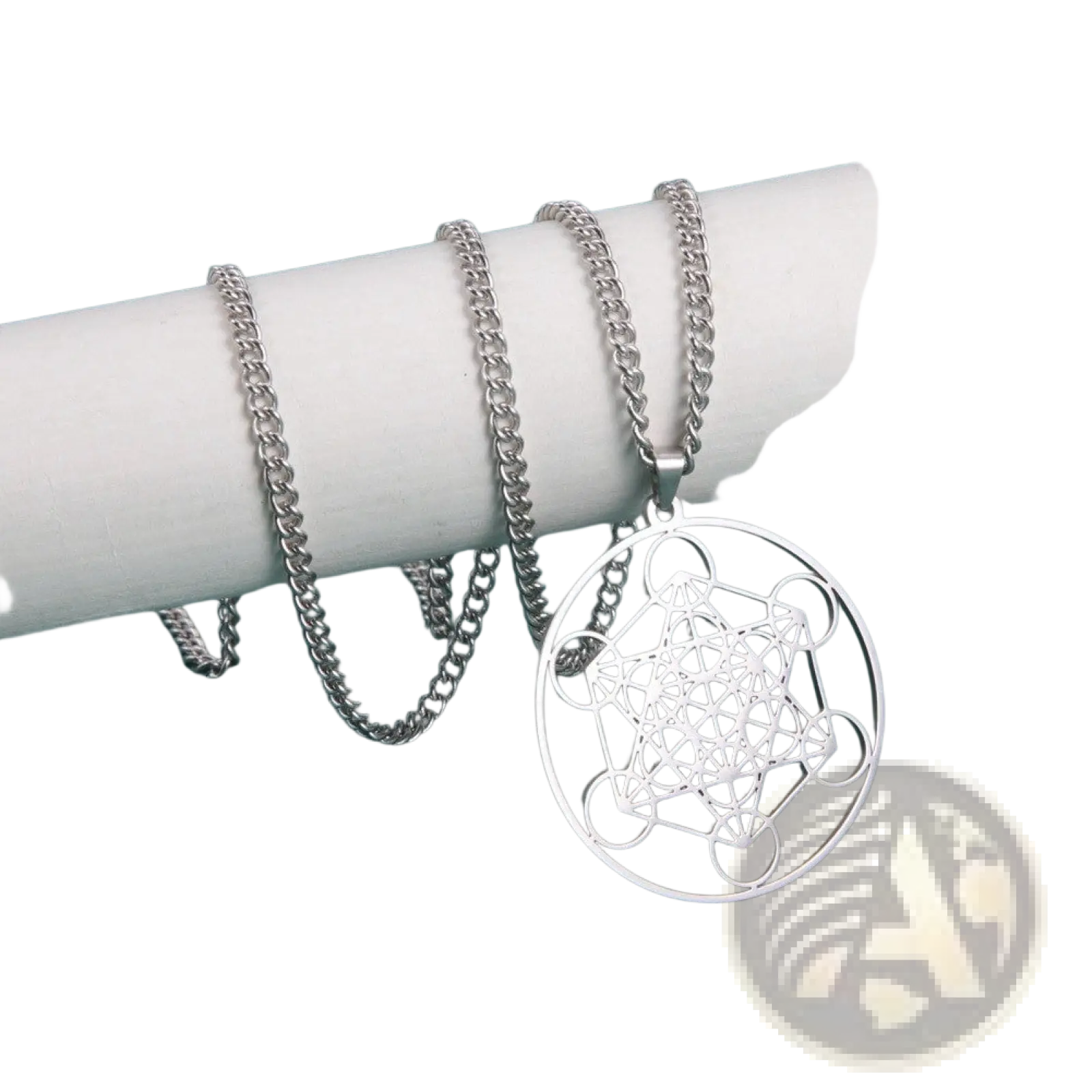Silver stainless steel metatron cube moon goddess necklace with intricate geometric circular pendant design