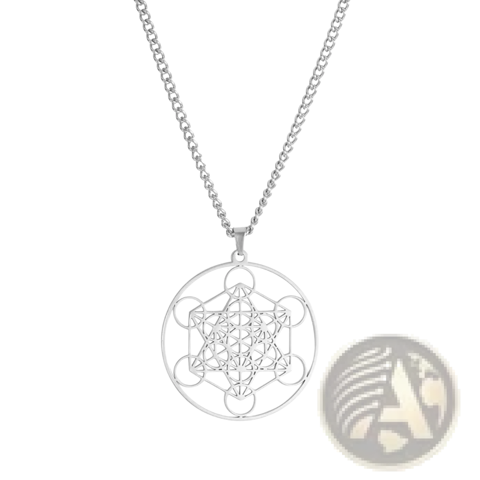 Silver stainless steel moon goddess necklace with a geometric circular metatron cube pendant on the chain