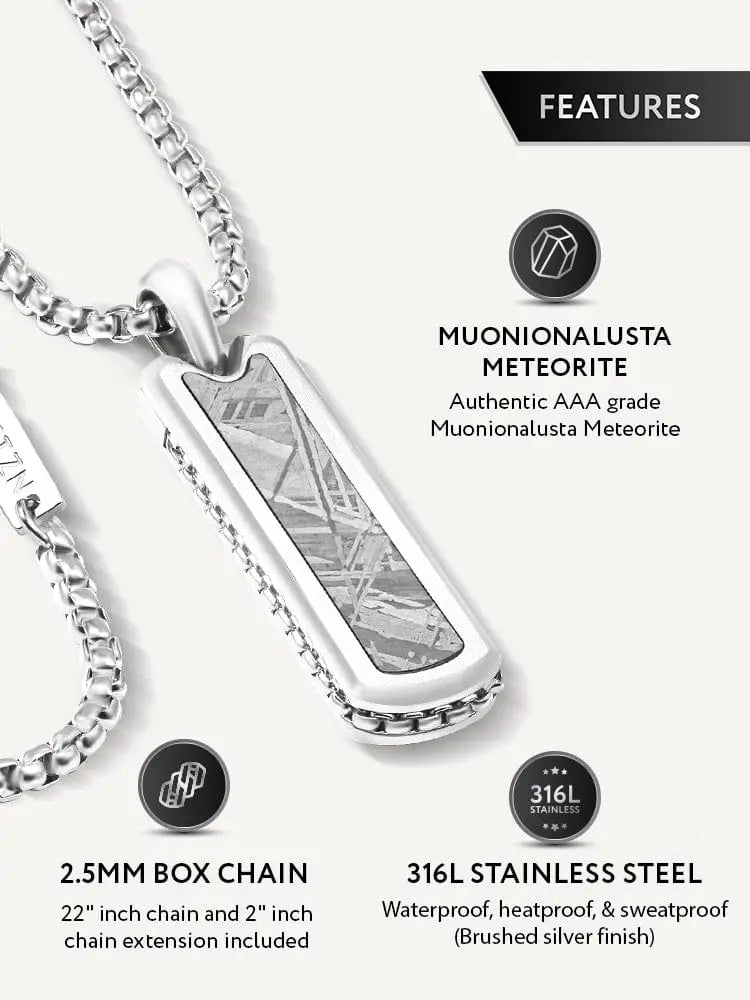 Silver-toned muonionalusta meteorite stainless steel column pendant necklace with authentic meteorite inlay and brushed finish