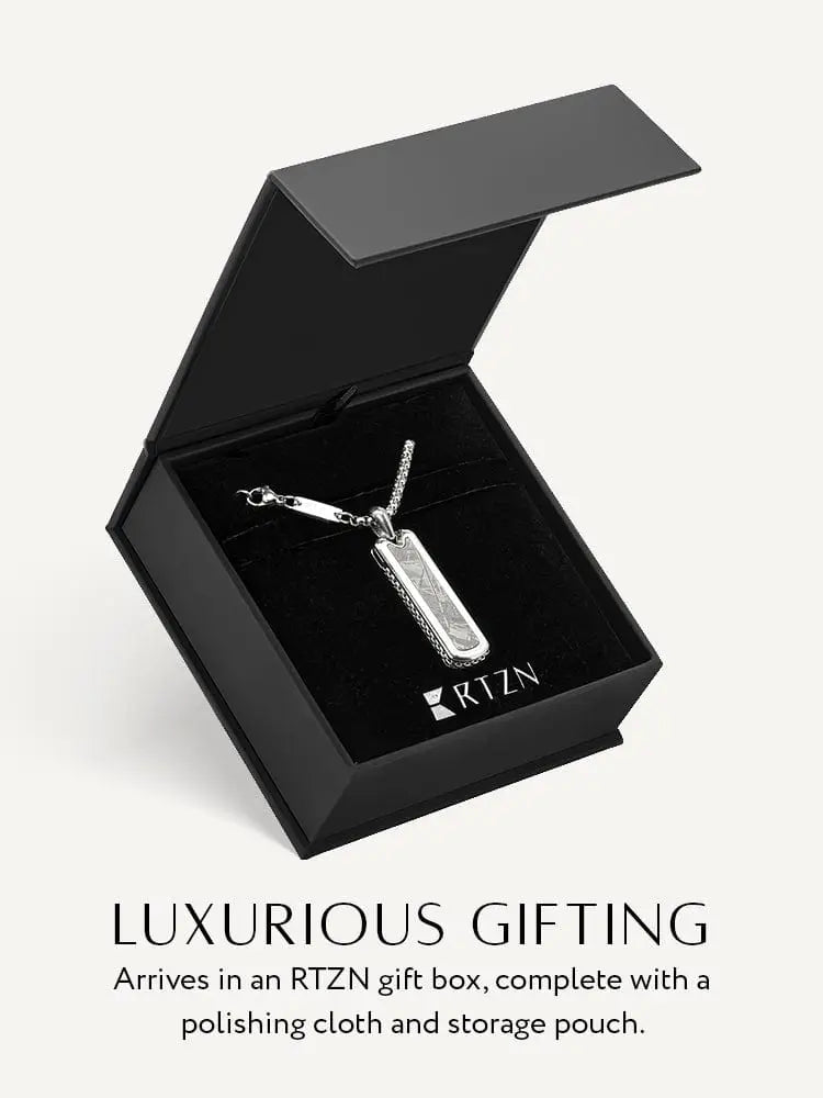 Silver Muonionalusta meteorite stainless steel rectangular pendant with intricate engraving in black rtzn gift box