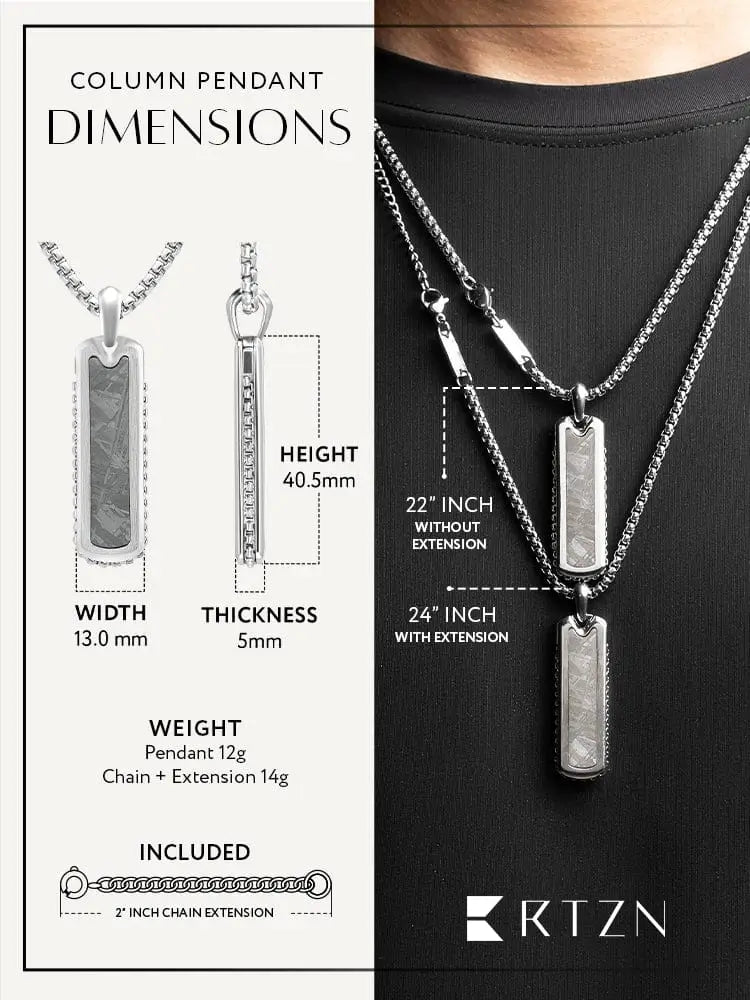 Silver rectangular Muonionalusta meteorite stainless steel pendant with textured earthy-toned stone inlay and polished edges