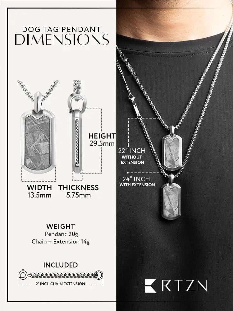 Silver dog tag pendant featuring a textured dark gray muonionalusta meteorite stone inlay with a stainless steel frame