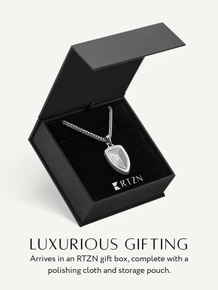 Silver Muonionalusta meteorite shield pendant with textured geometric design on wheat chain in rtzn gift box